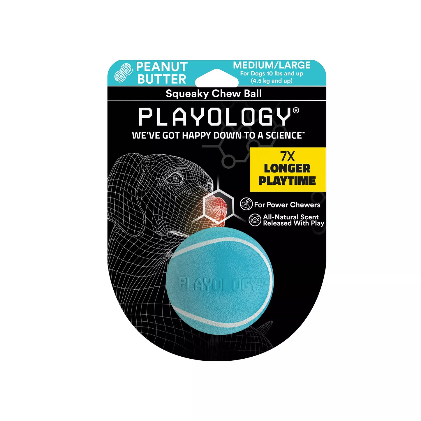 Playology Squeaky Chew Ball – Peanut Butter Scented | Medium/Large | Tough Dog Toy for Power Chewers 10 lbs+