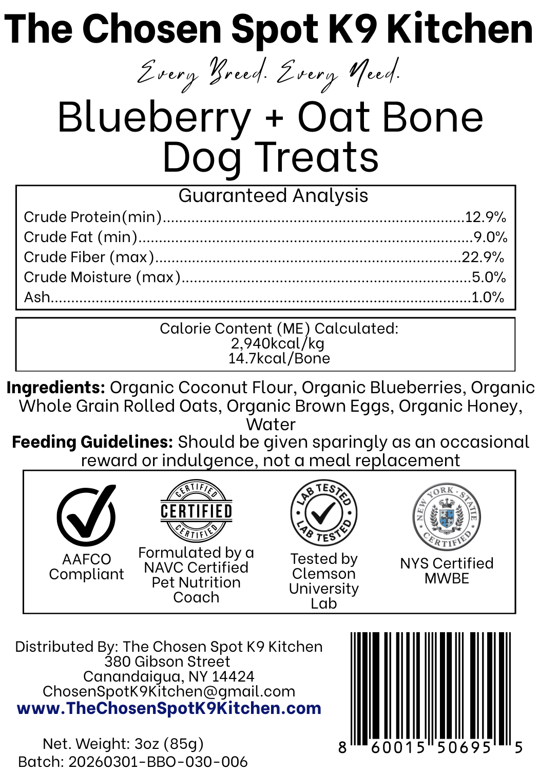 Blueberry + Oat Bones 🫐 Gluten-Free Handmade Organic Dog Treats
