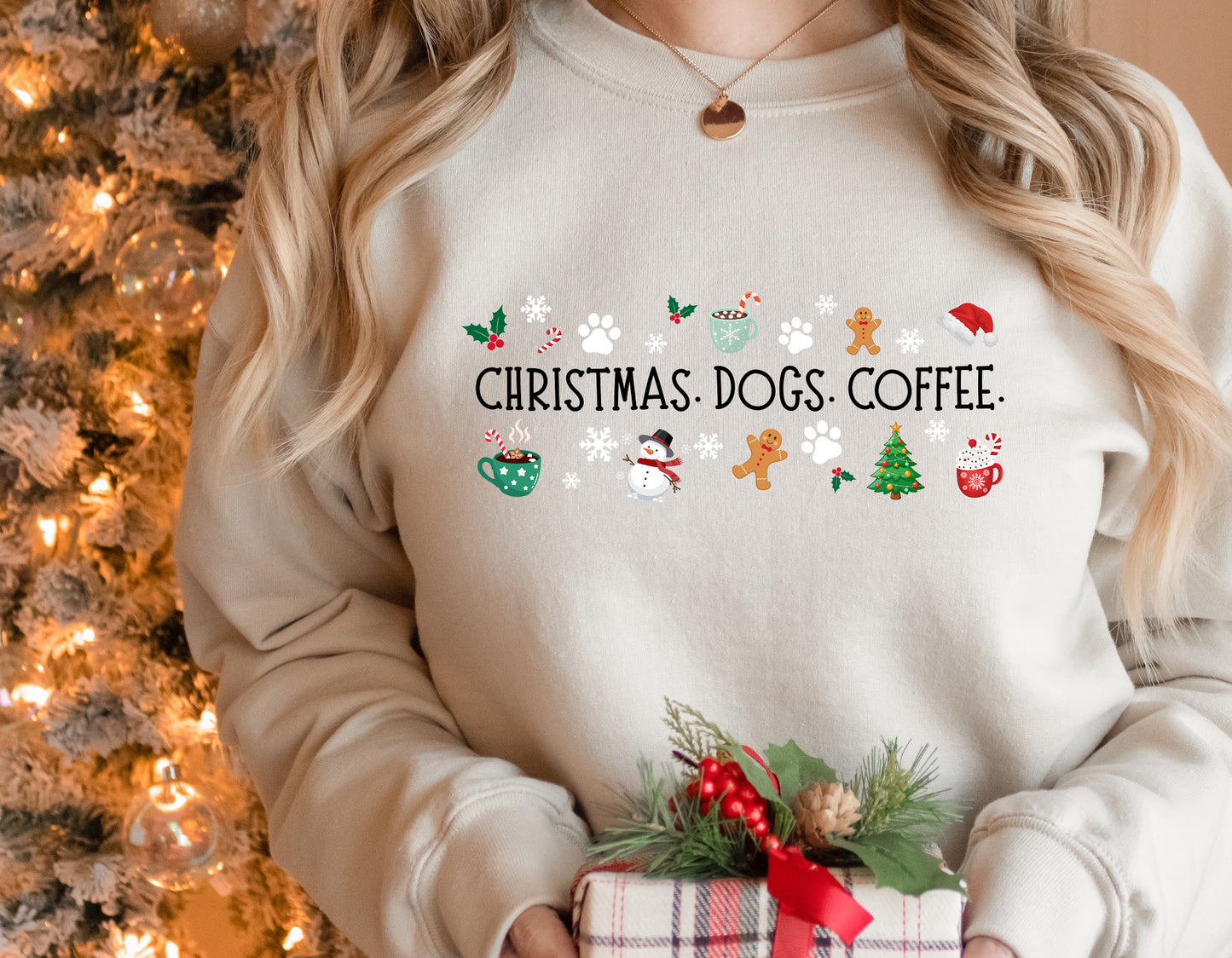 Christmas. Dogs. Coffee. Unisex Crewneck Sweatshirt - Ships Free
