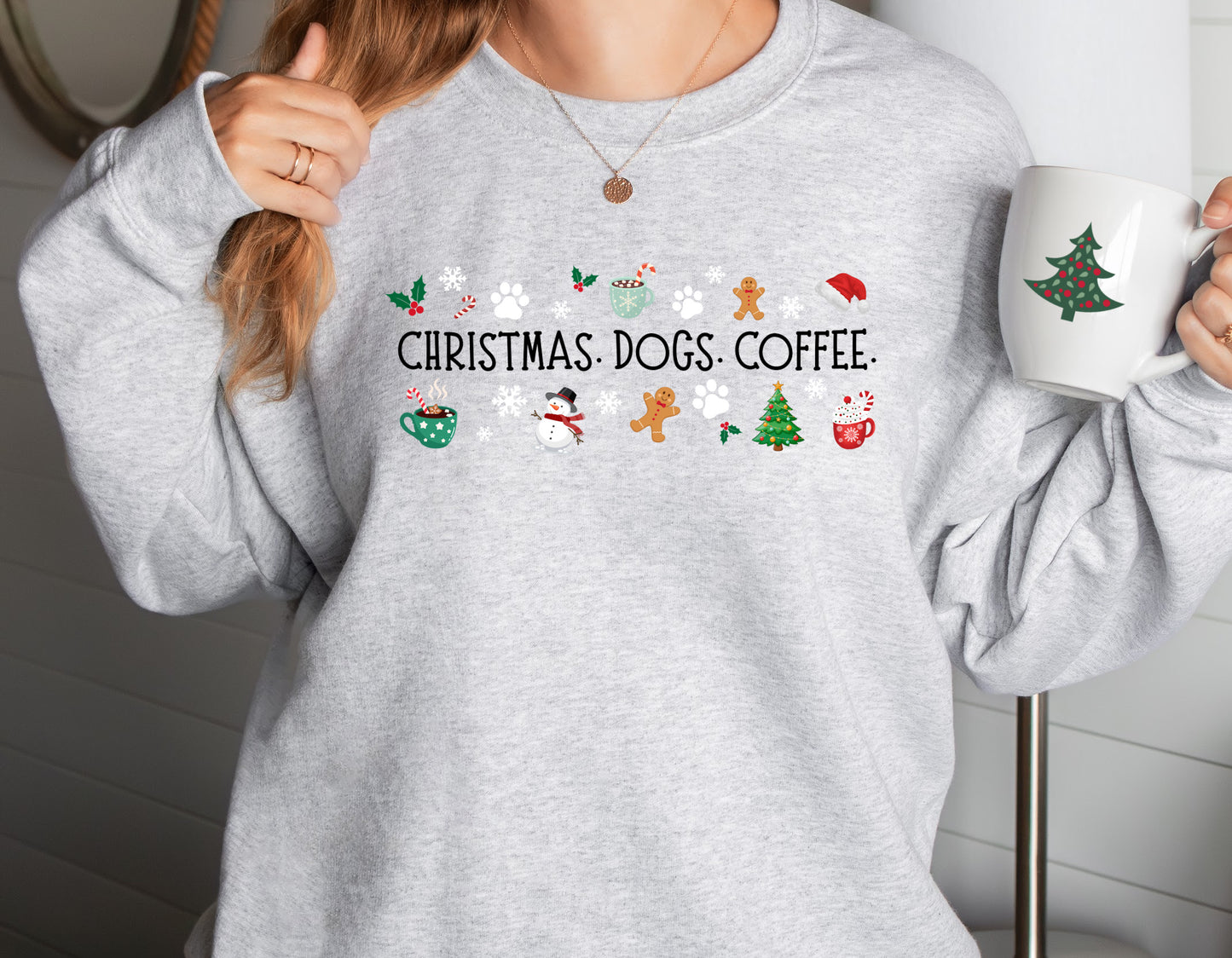 Christmas. Dogs. Coffee. Unisex Crewneck Sweatshirt - Ships Free