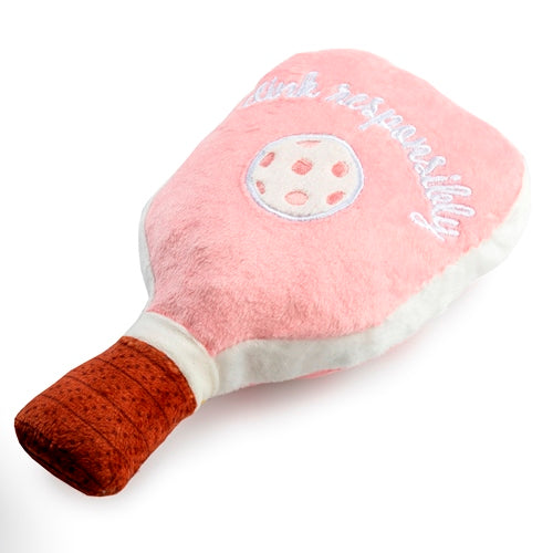 Pink Checker Pickleball Paddle | Squeaky Plush Dog Toy with Crinkle & Mesh Lining