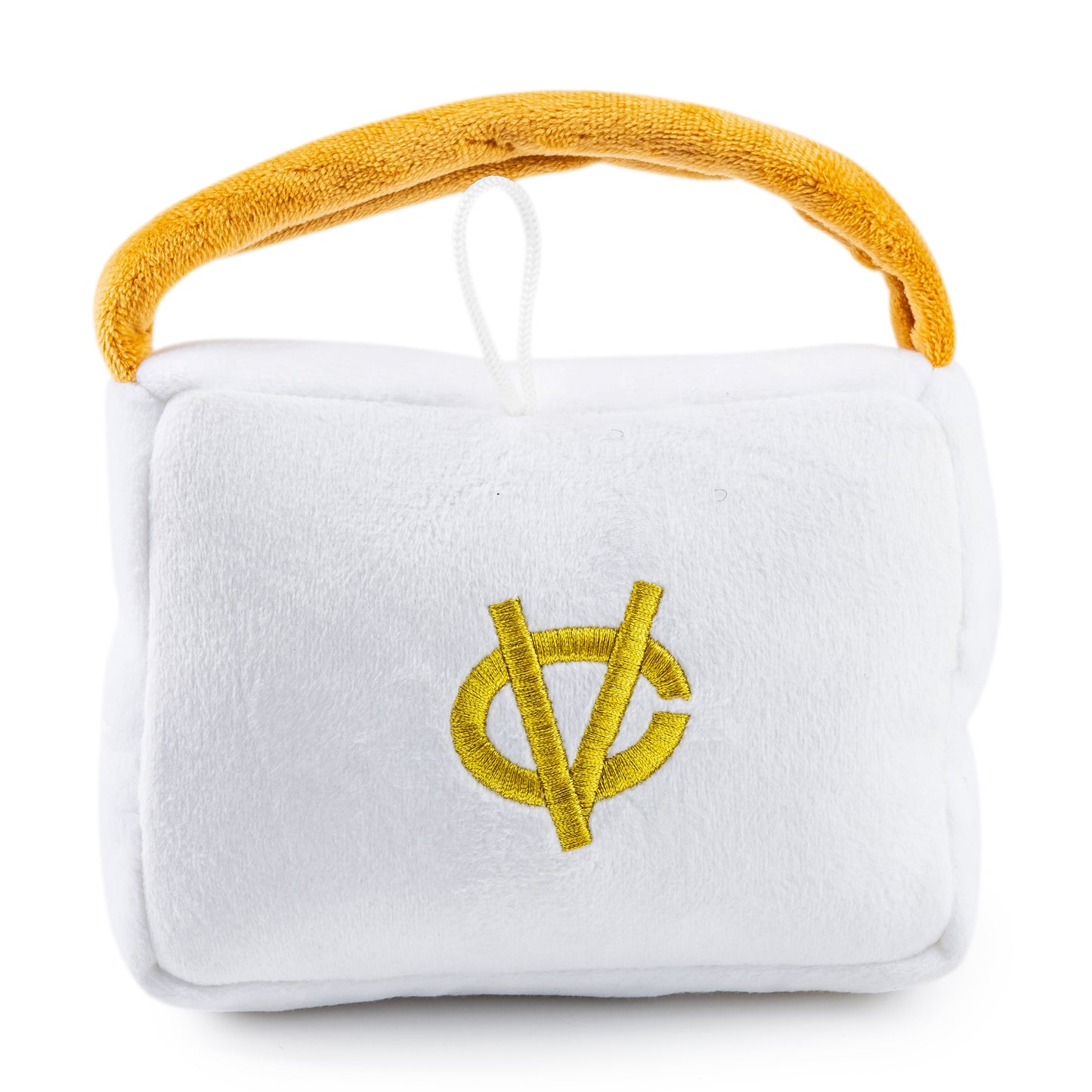 White Chewy Vuiton Handbag | Squeaky Plush Dog Toy with Crinkle & Mesh Lining
