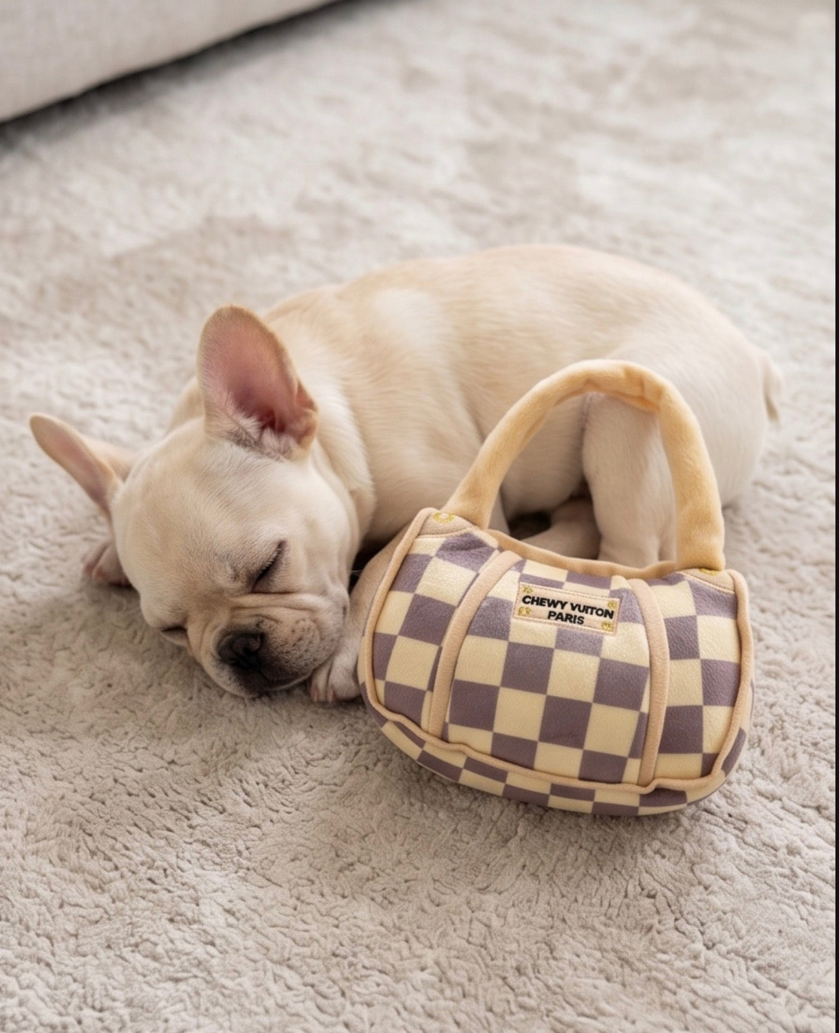 Tan Checker Chewy Vuiton Handbag | Squeaky Plush Dog Toy with Crinkle & Mesh Lining