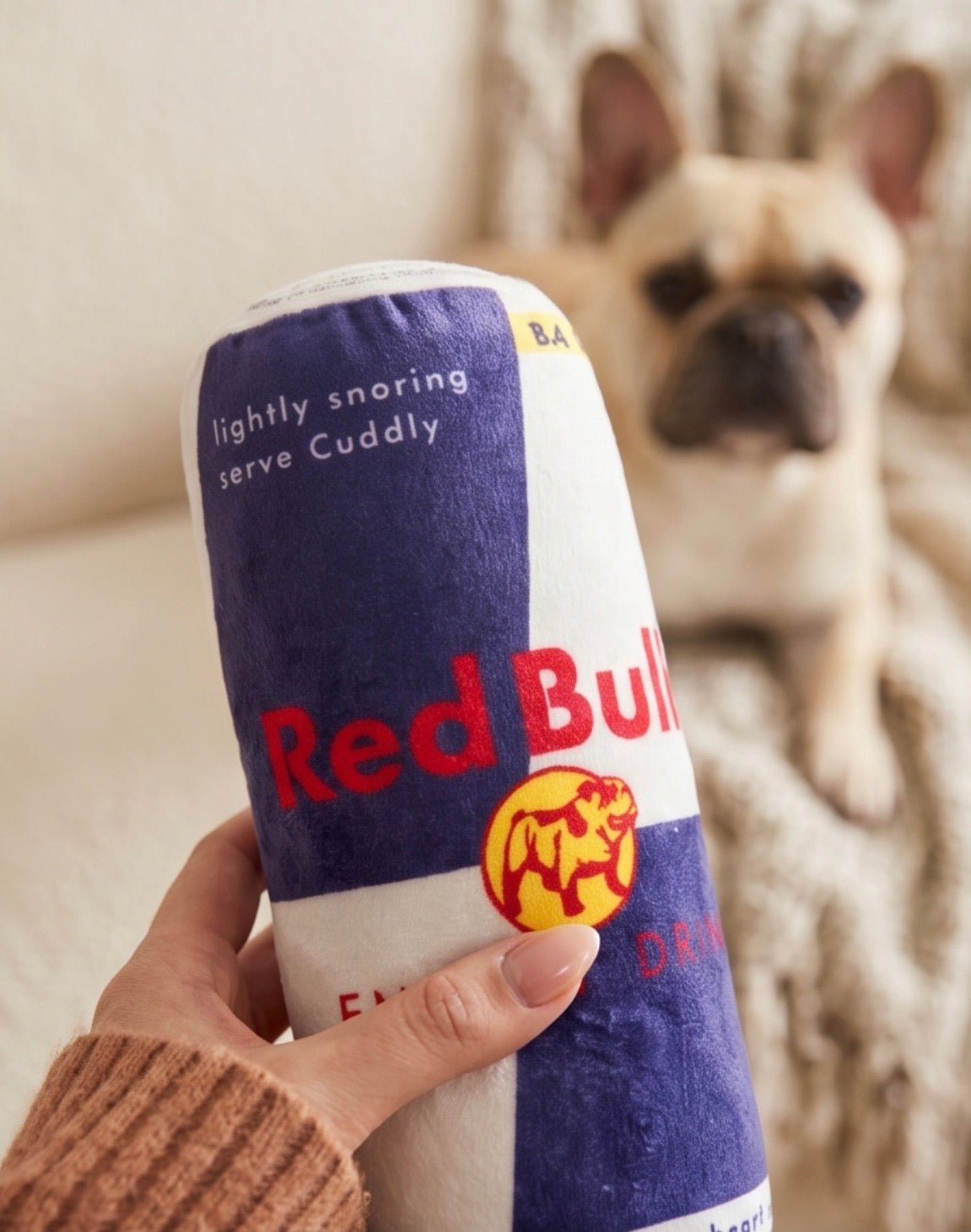 Red Bull Dog Energy Drink | Squeaky Plush Dog Toy with Crinkle & Mesh Lining