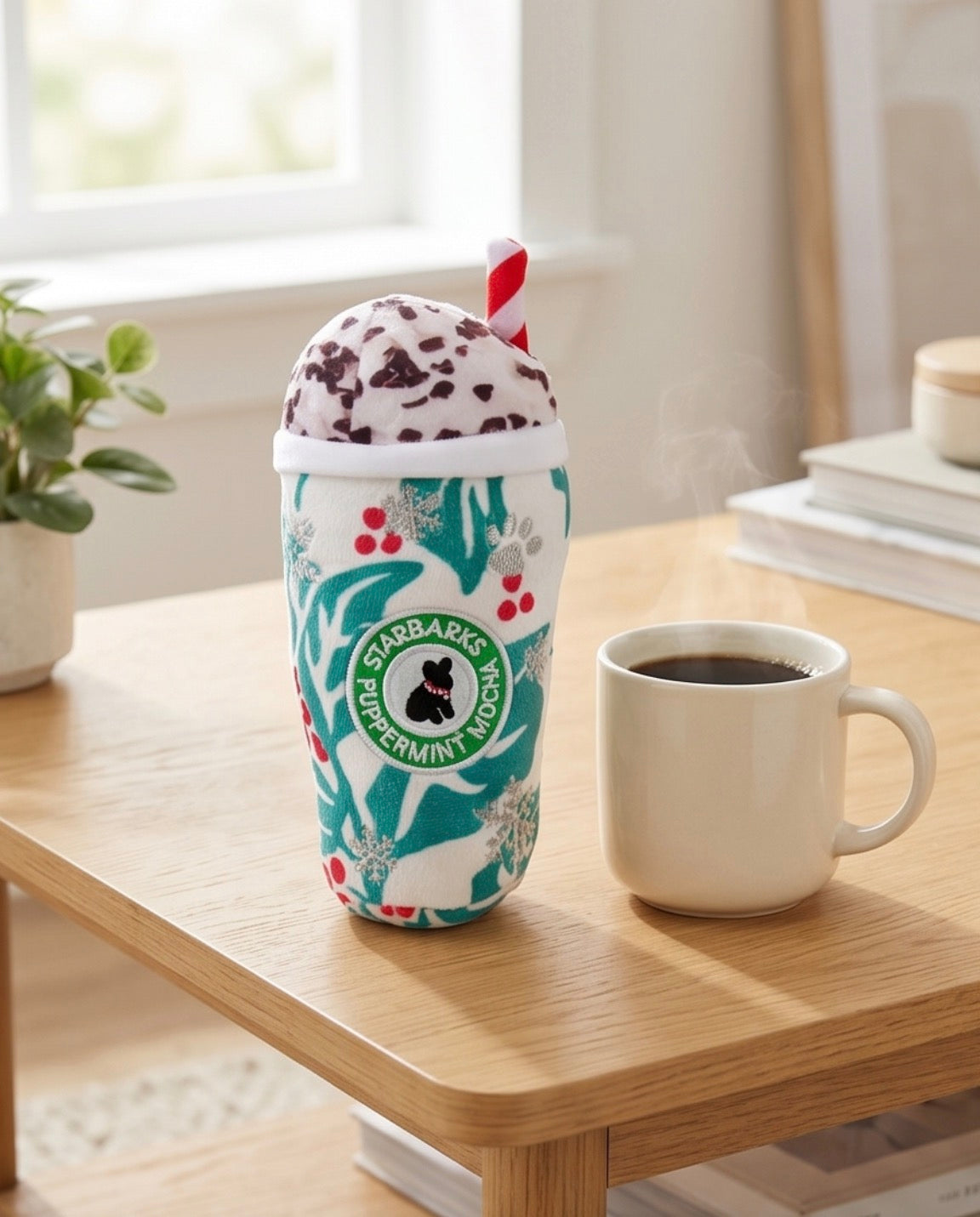 Starbarks Puppermint Mocha - Holly Print Cup Christmas Plush Dog Toy Holiday
