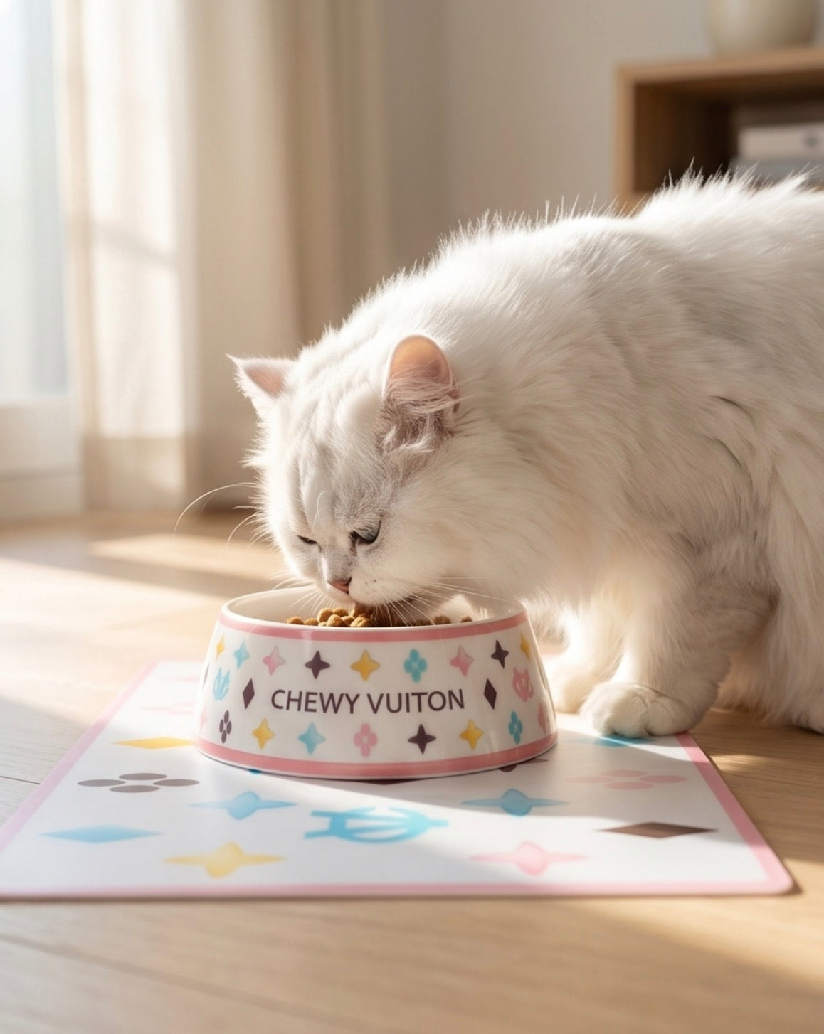 White Chewy Vuiton Bowls & Mat Bundle