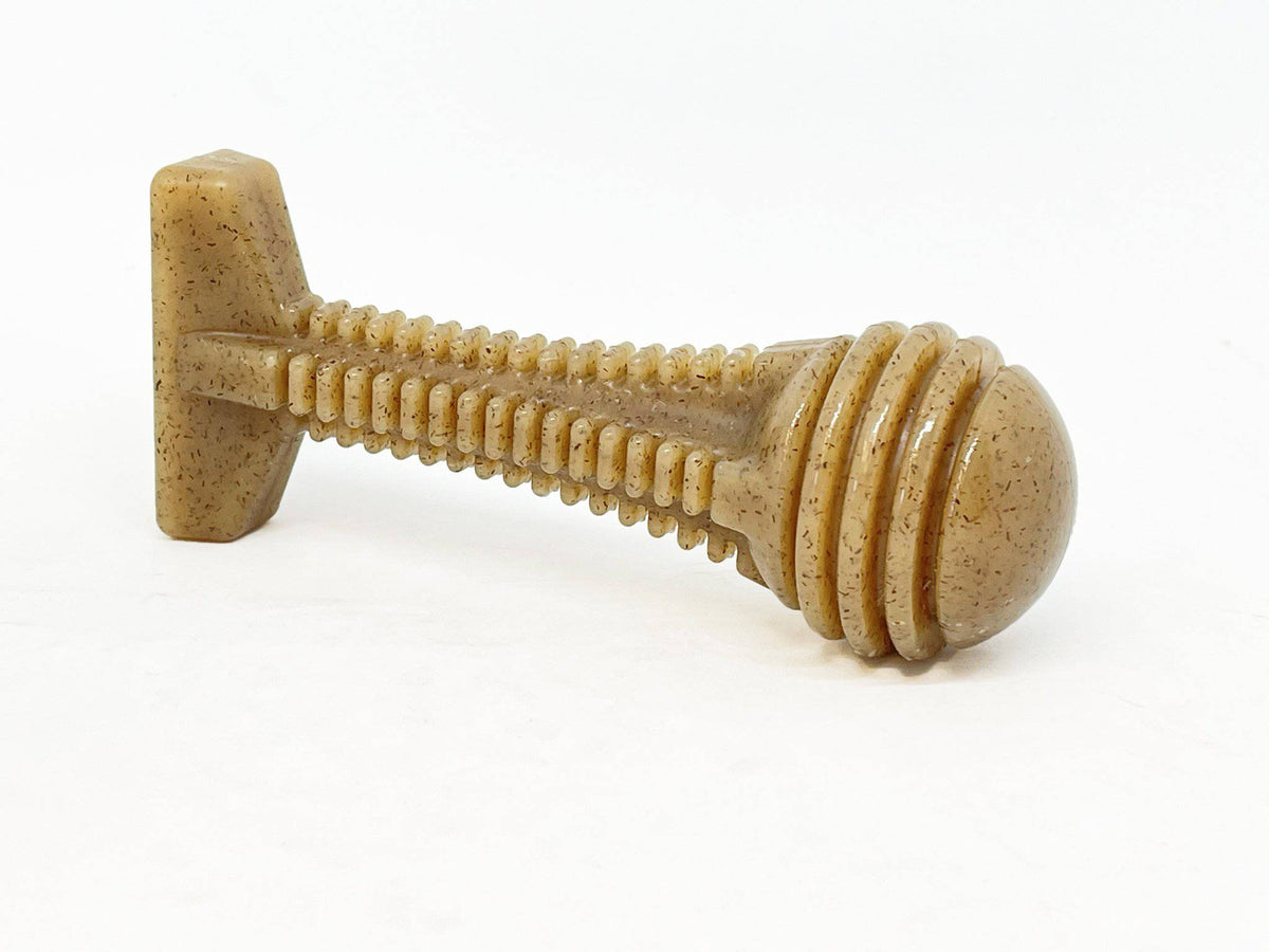 SodaPup Honey Bone Dental Tower nylon dog chew toy for aggressive chewers, durable and USA-made, in brown with textured surface.