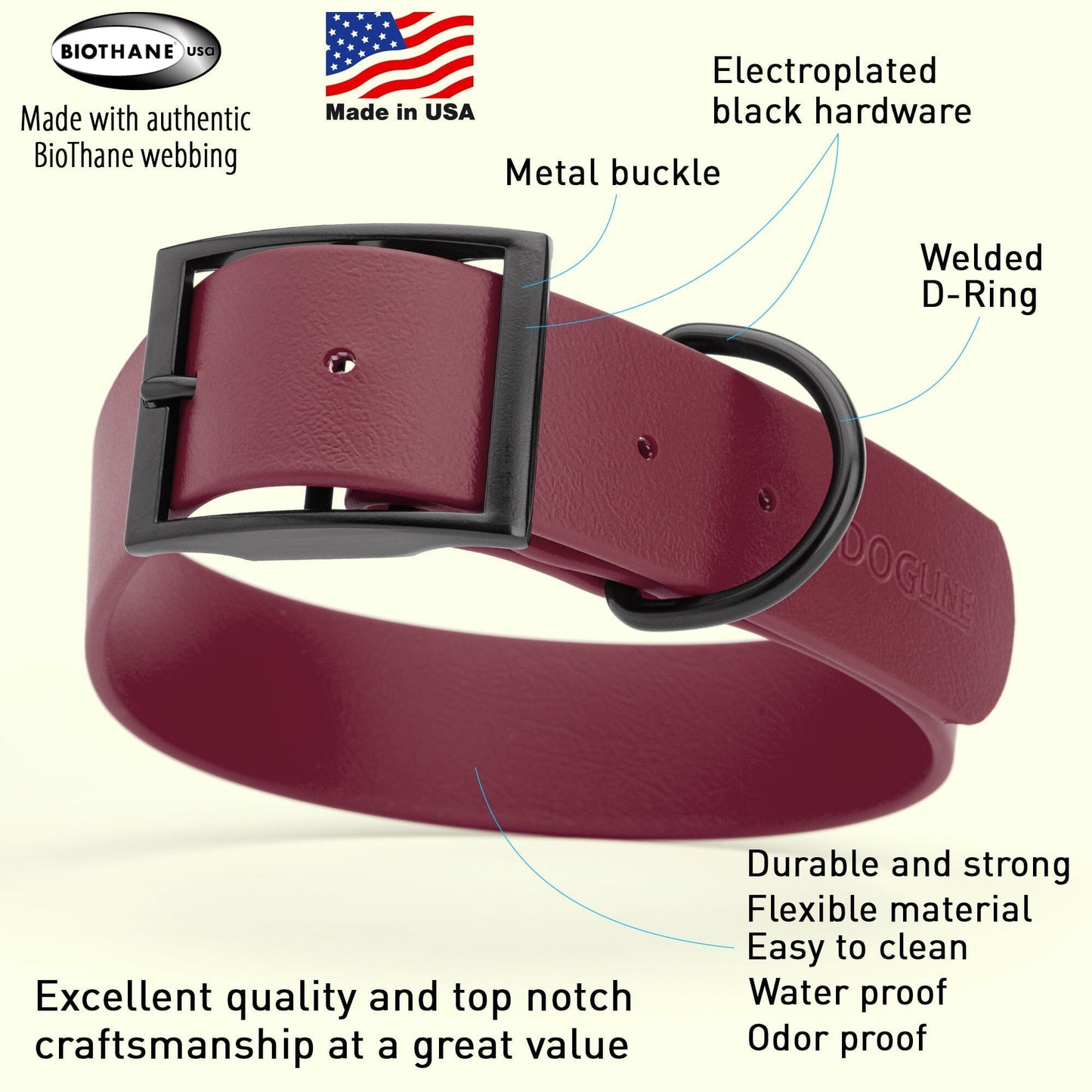 Dogline Biothane Waterproof Dog Collar with Black Hardware -  1.5" Wide, Size XL (20 to 24 inches)