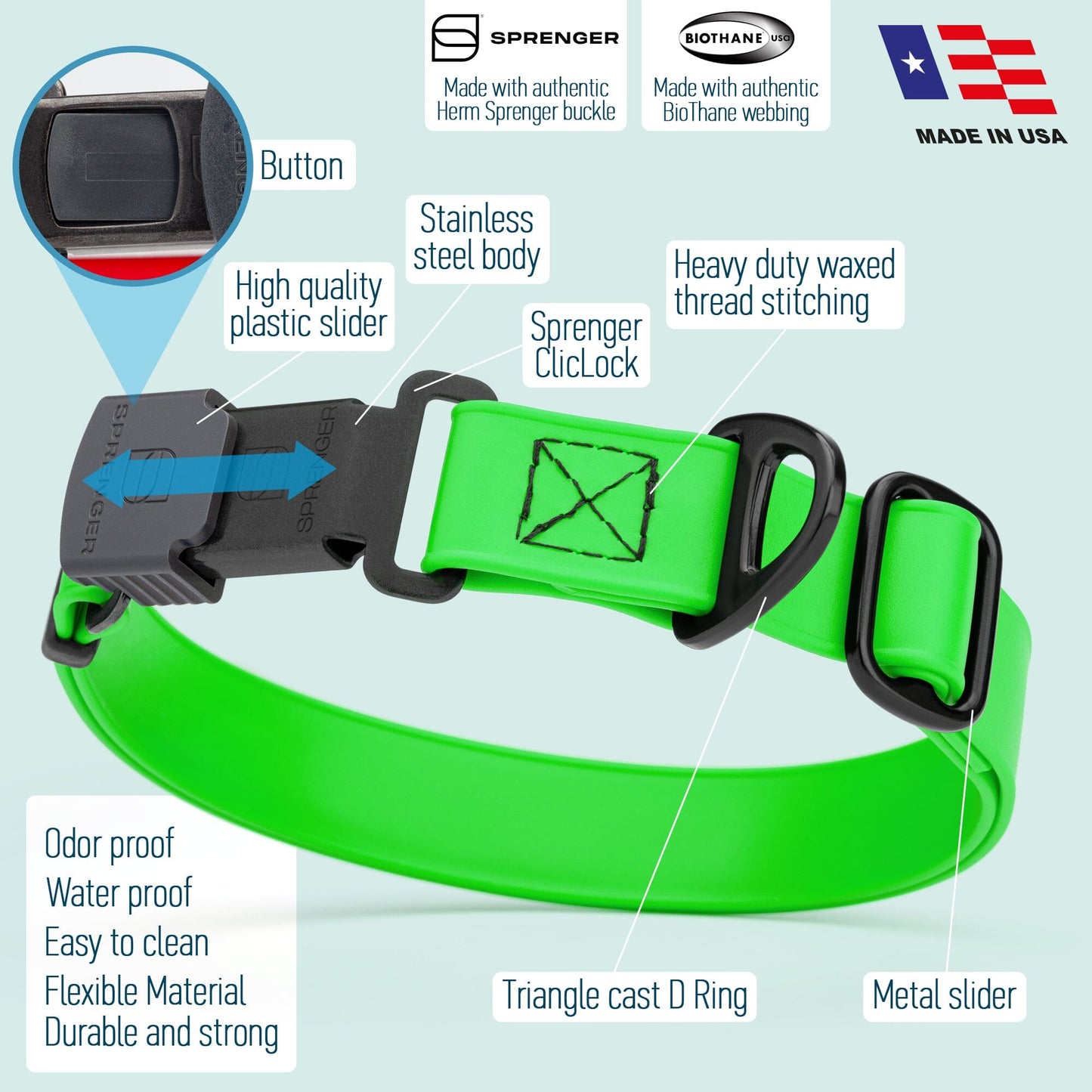 Sprenger BioThane Waterproof Dog Collar with Stainless Steel ClicLock Quick Release Buckle