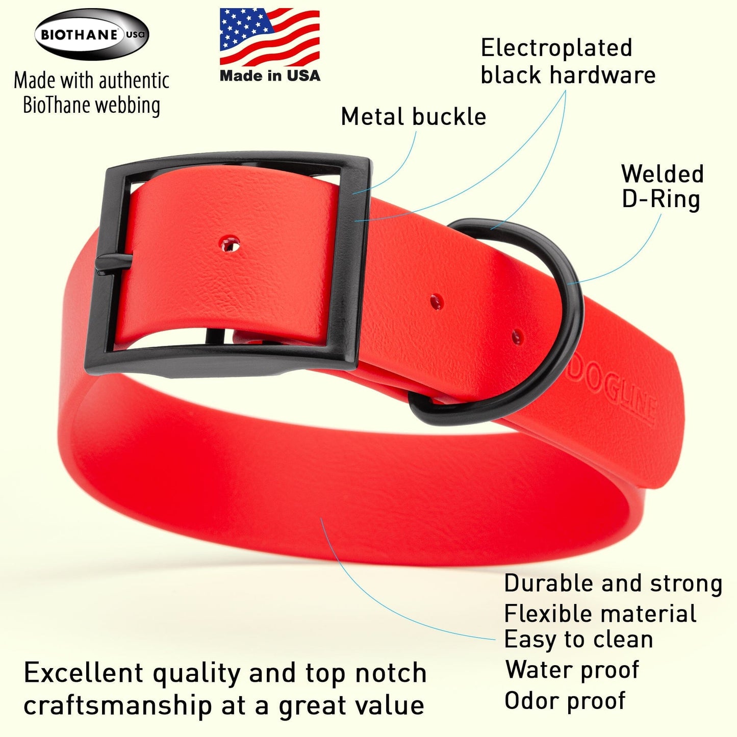 Dogline Biothane Waterproof Dog Collar with Black Hardware -  1.5" Wide, Size XXL (24 to 28 inches)