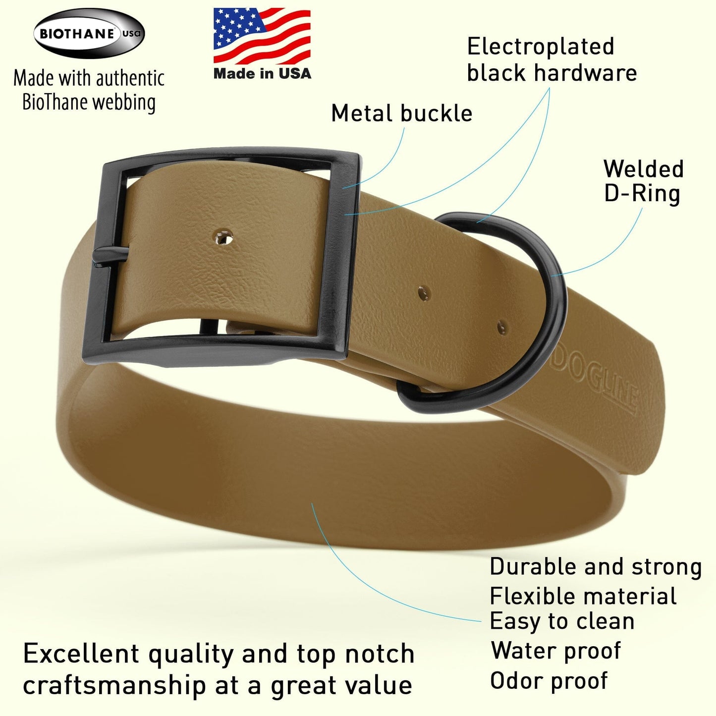 Dogline Biothane Waterproof Dog Collar with Black Hardware -  1.5" Wide, Size L (16 to 20 inches)