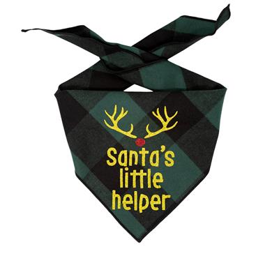 Christmas Bandana - Black & Green Plaid Flannel Dog Bandana - SANTA'S LITTLE HELPER