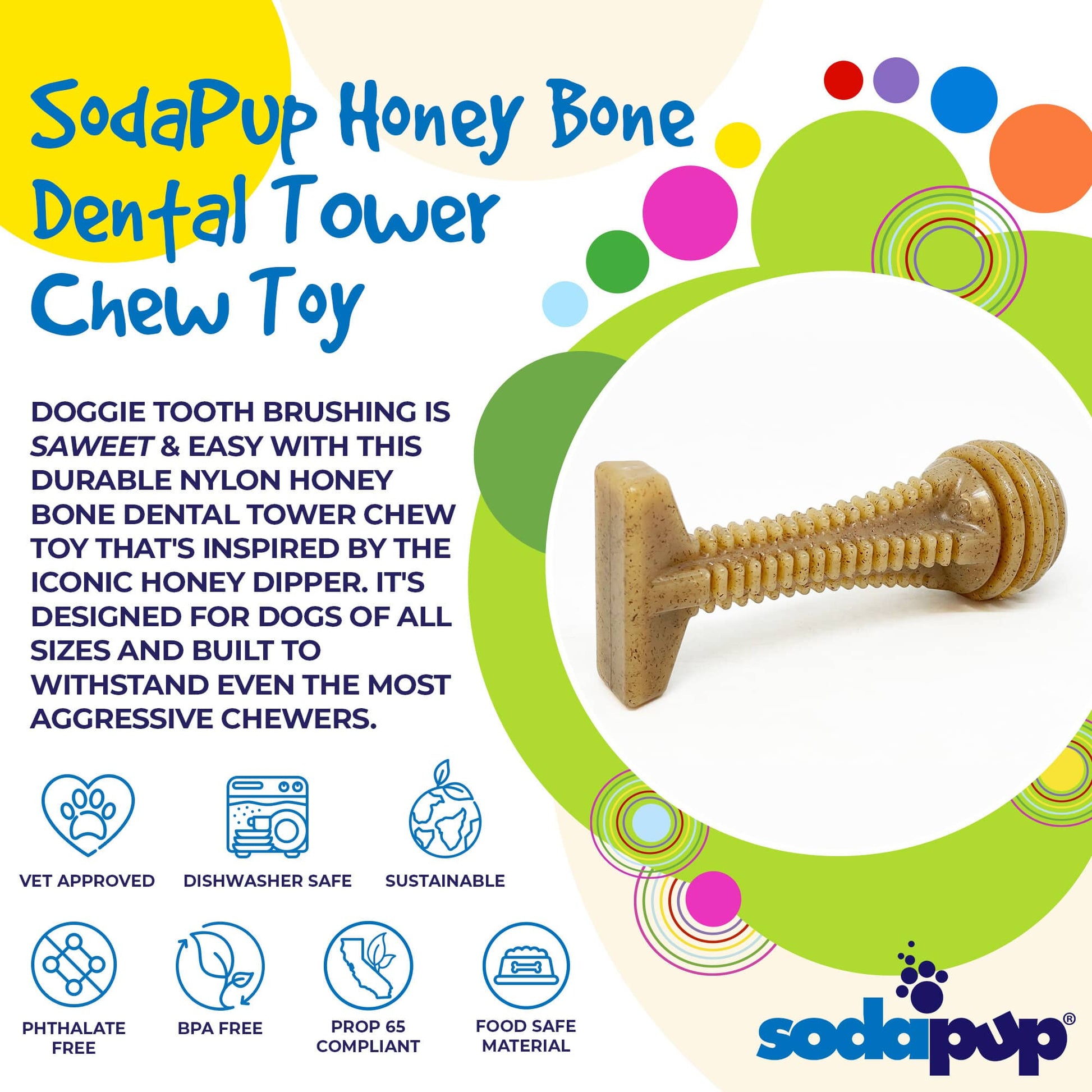 Honey-colored SodaPup Nylon Dental Tower chew toy for aggressive dogs, made in the USA. Durable nylon dog toy for strong chewers.