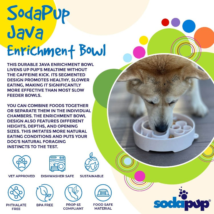 SodaPup Java eBowl deep slow feeder dog bowl for enrichment, made in the USA, with textured surface and durable design.