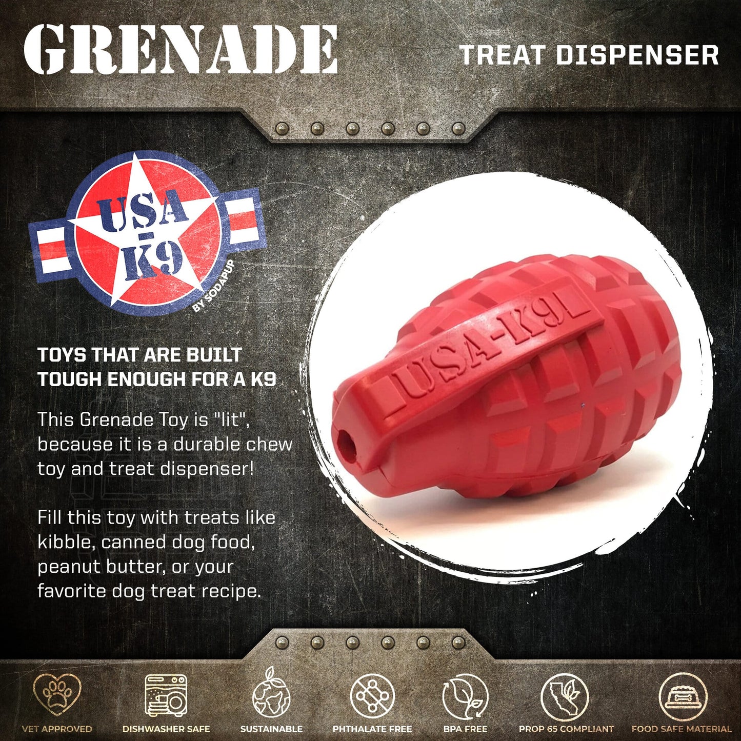 Grenade Shaped eDispenser Durable Dog Chew Toy & Treat Dispenser - Army Green