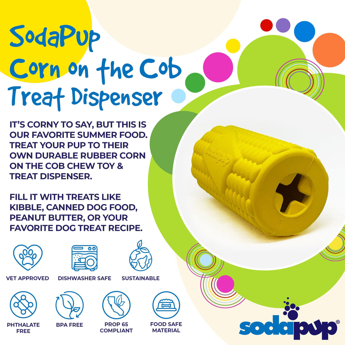 Yellow corn on the cob rubber dog toy by SodaPup, durable treat dispenser for dogs, USA-made pet chew toy.