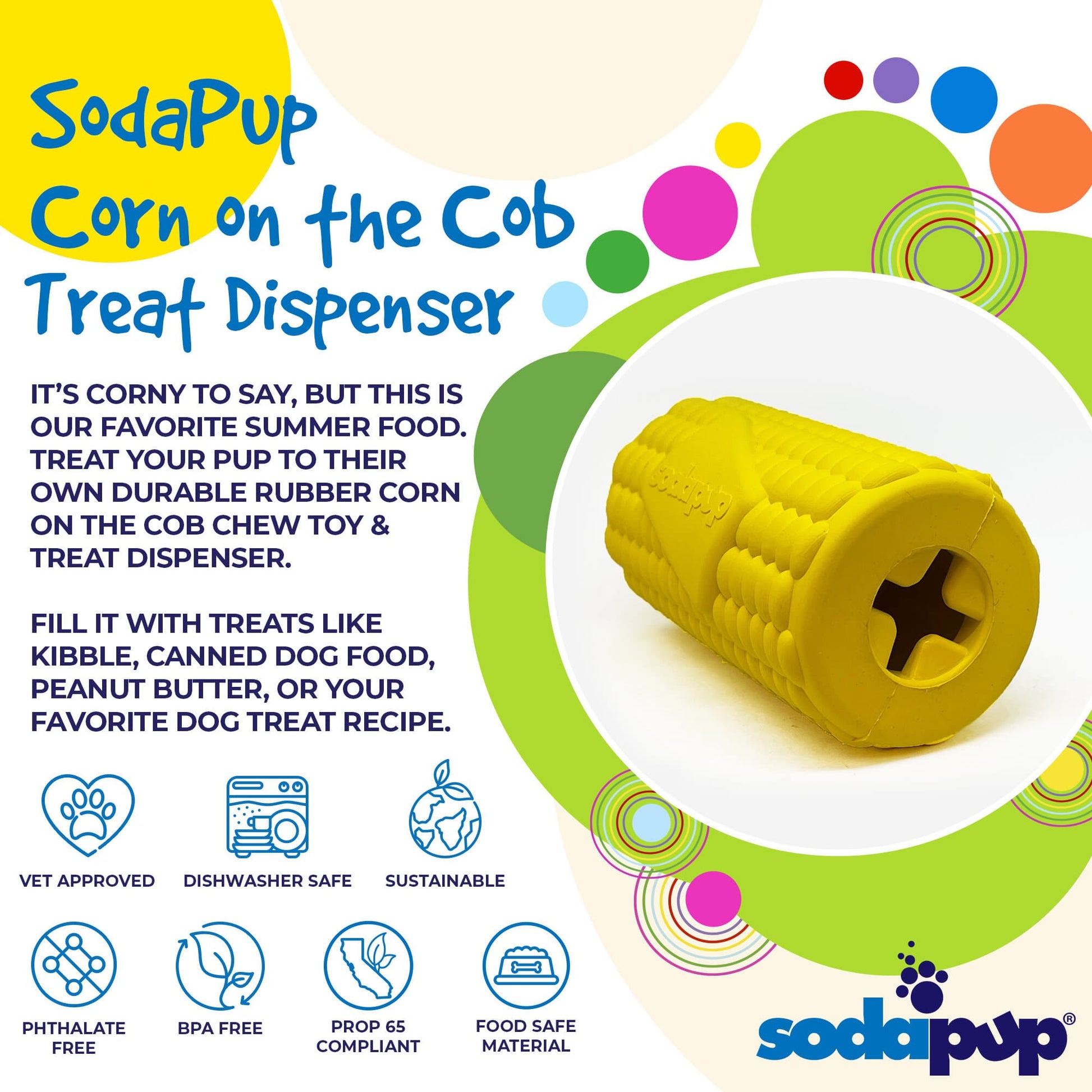 Yellow corn on the cob rubber dog toy by SodaPup, durable treat dispenser for dogs, USA-made pet chew toy.