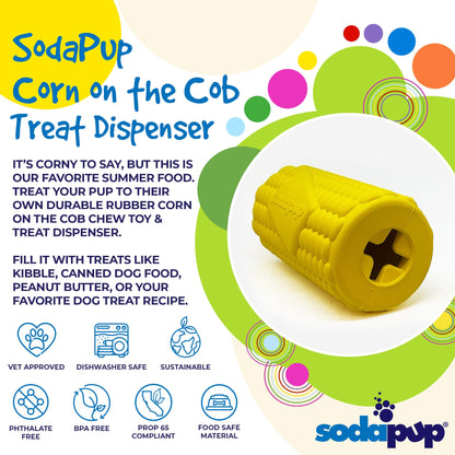 Yellow corn on the cob rubber dog toy by SodaPup, durable treat dispenser for dogs, USA-made pet chew toy.