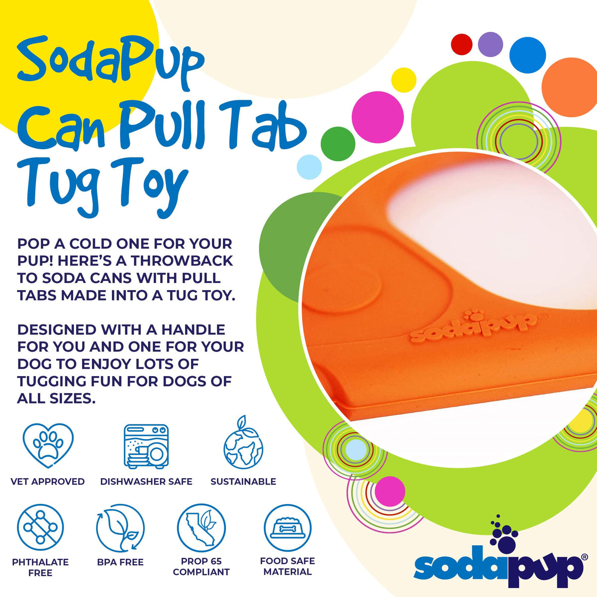 Orange SodaPup rubber tug toy for dogs, designed for heavy chewers and interactive play, made in the USA.