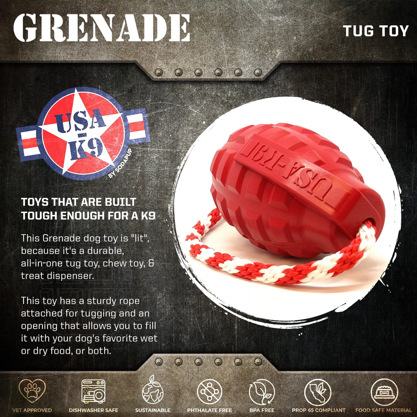 USA-K9 Grenade Shaped Rubber Dog Toy - Chew, Treat Dispenser & Tug Toy | USA - Army Green