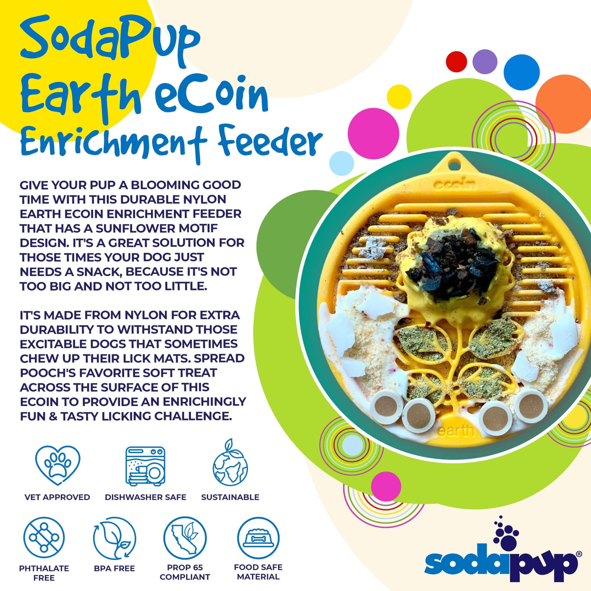Earth eCoin nylon lick mat for dogs by SodaPup, USA-made enrichment toy with textured surface for canine mental stimulation.