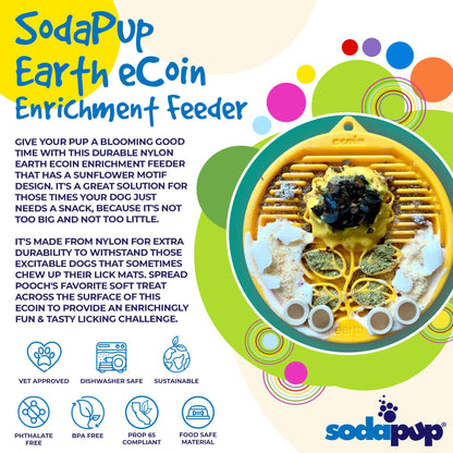Earth eCoin nylon lick mat for dogs by SodaPup, USA-made enrichment toy with textured surface for canine mental stimulation.