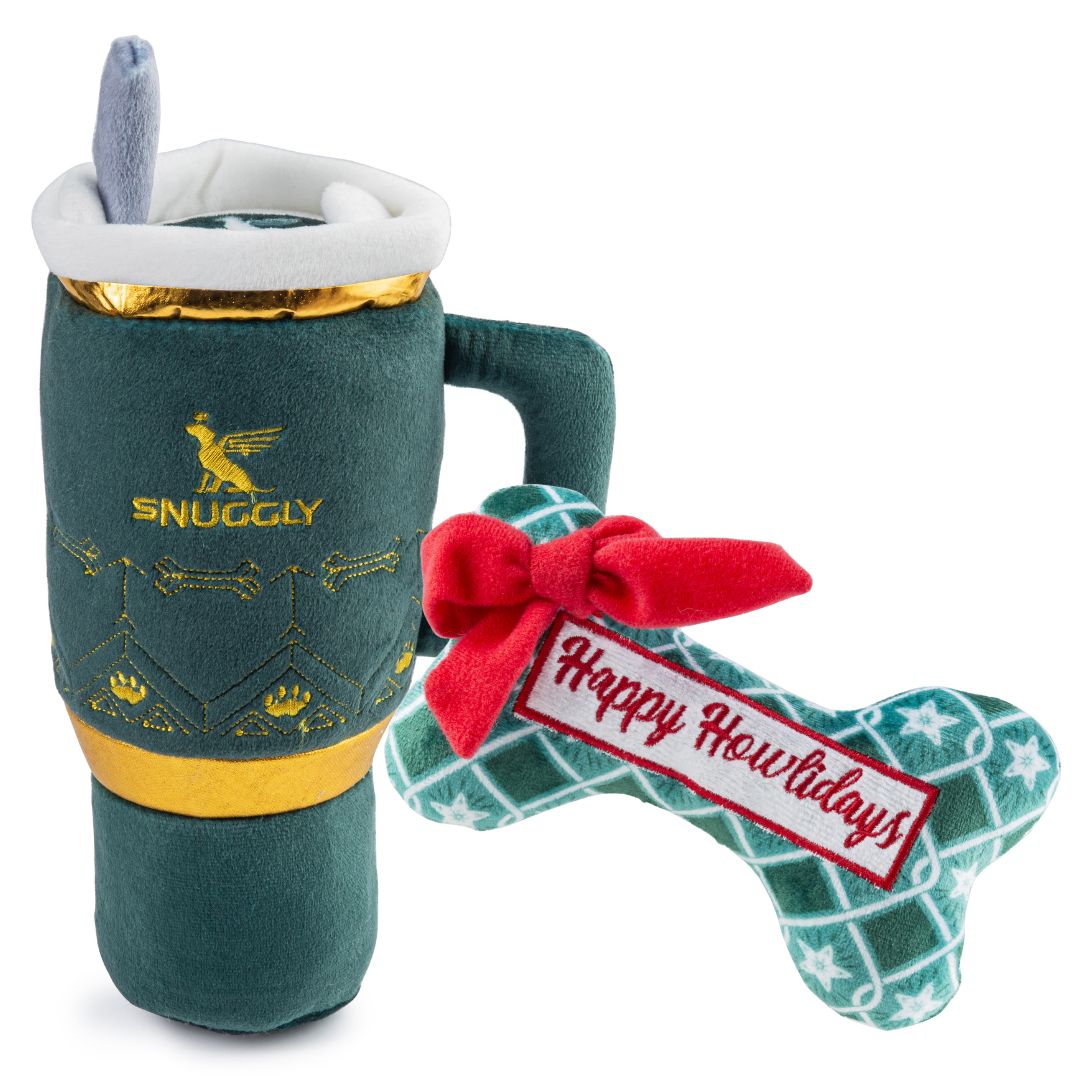 Snuggly Cup Holiday Green & Green Stars Bone | Christmas Dog Toys