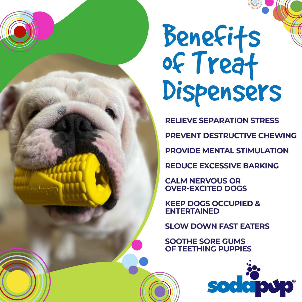 Yellow rubber Corn on the Cob dog toy by SodaPup, durable treat dispenser for dogs, made in the USA.