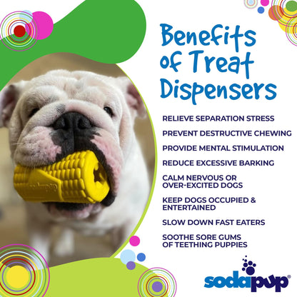 Yellow rubber Corn on the Cob dog toy by SodaPup, durable treat dispenser for dogs, made in the USA.