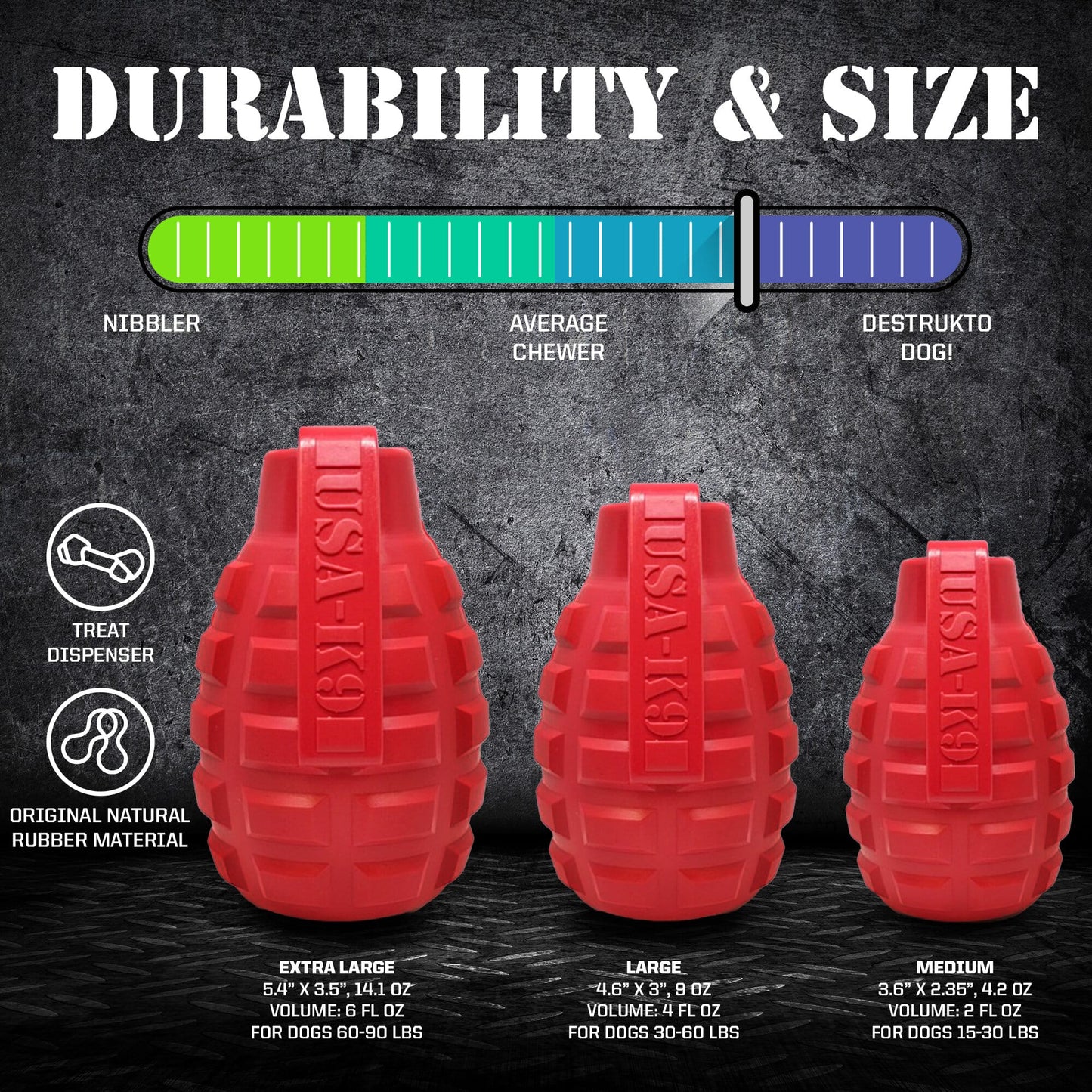 Grenade Shaped eDispenser Durable Dog Chew Toy & Treat Dispenser - Magnum Black