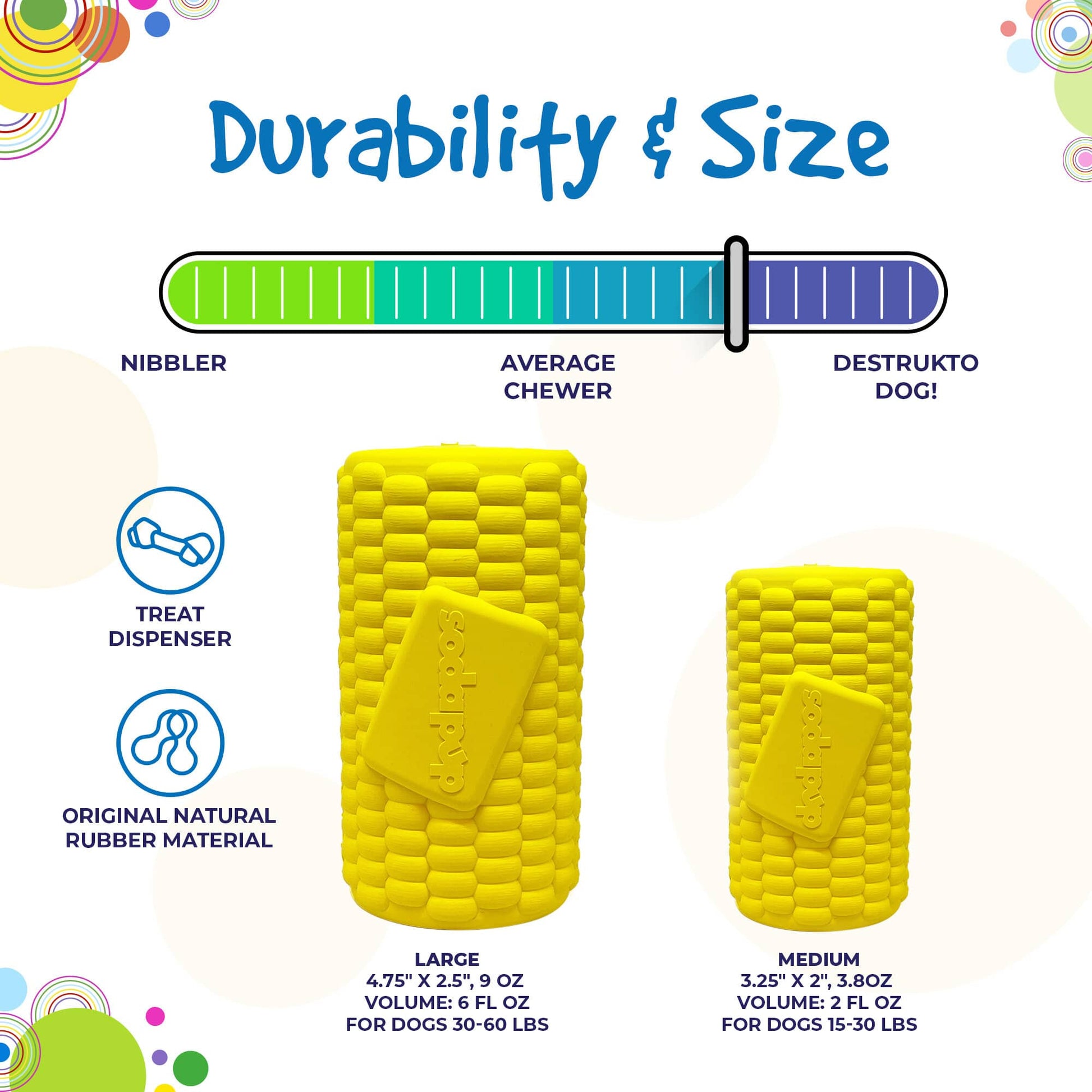 Yellow rubber corn on the cob dog toy by SodaPup, durable treat dispenser made in the USA for dogs to chew and play.