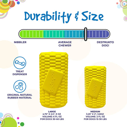 Yellow rubber corn on the cob dog toy by SodaPup, durable treat dispenser made in the USA for dogs to chew and play.