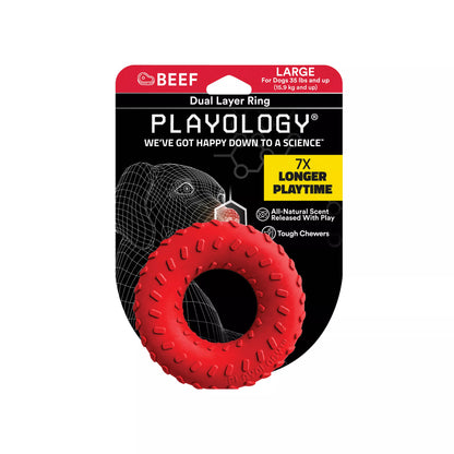 Playology Dual Ring Dog Toy – Beef Scented | Durable Chew Toy for Power Chewers
