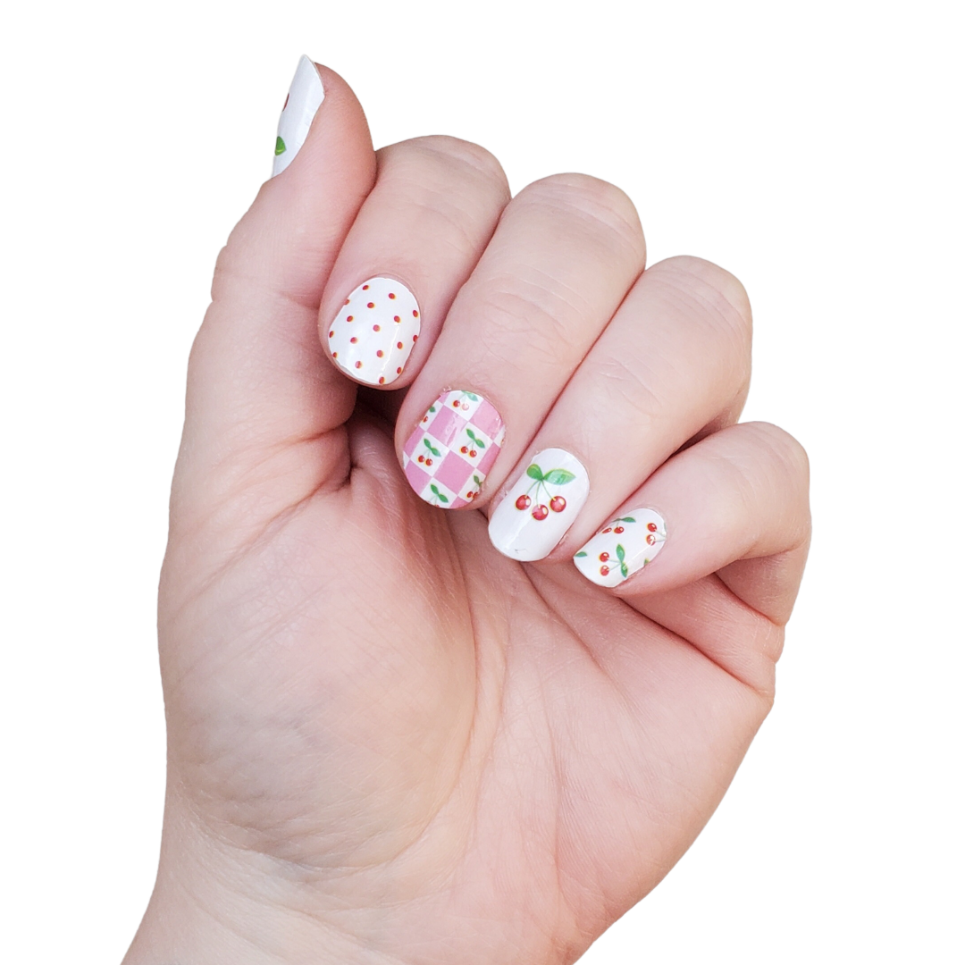 Cherry Bomb | Retro Cherry Print Pink Check Nail Wrap Set