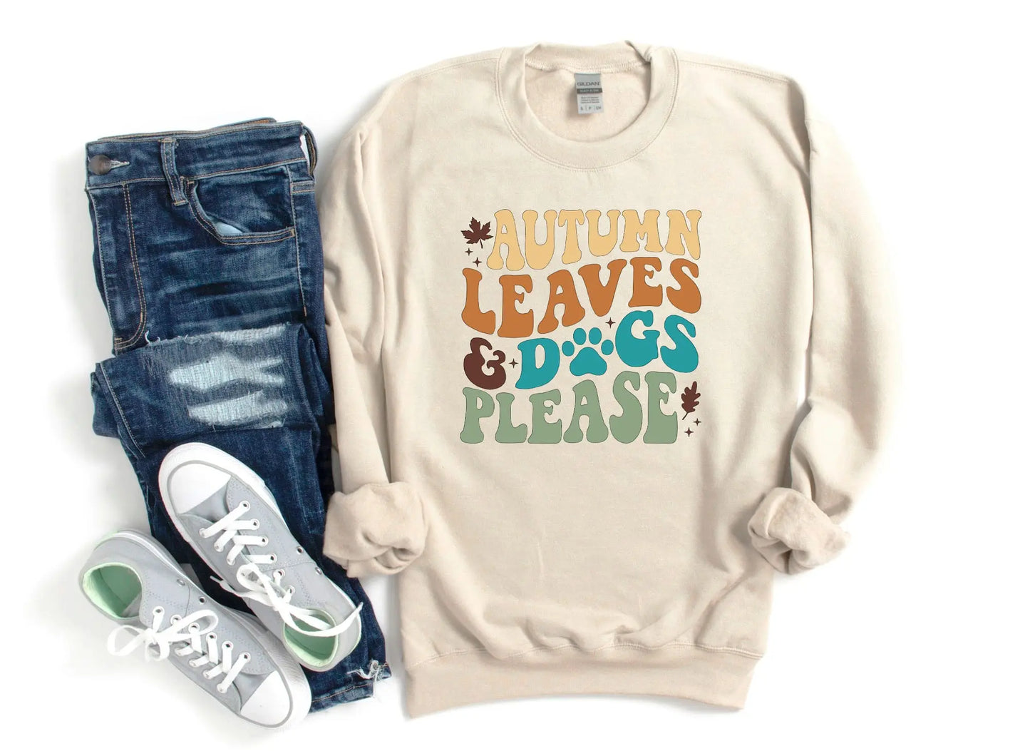 Autumn Leaves & Dogs Please Sand Tan Crewneck Sweatshirt Hunter K9