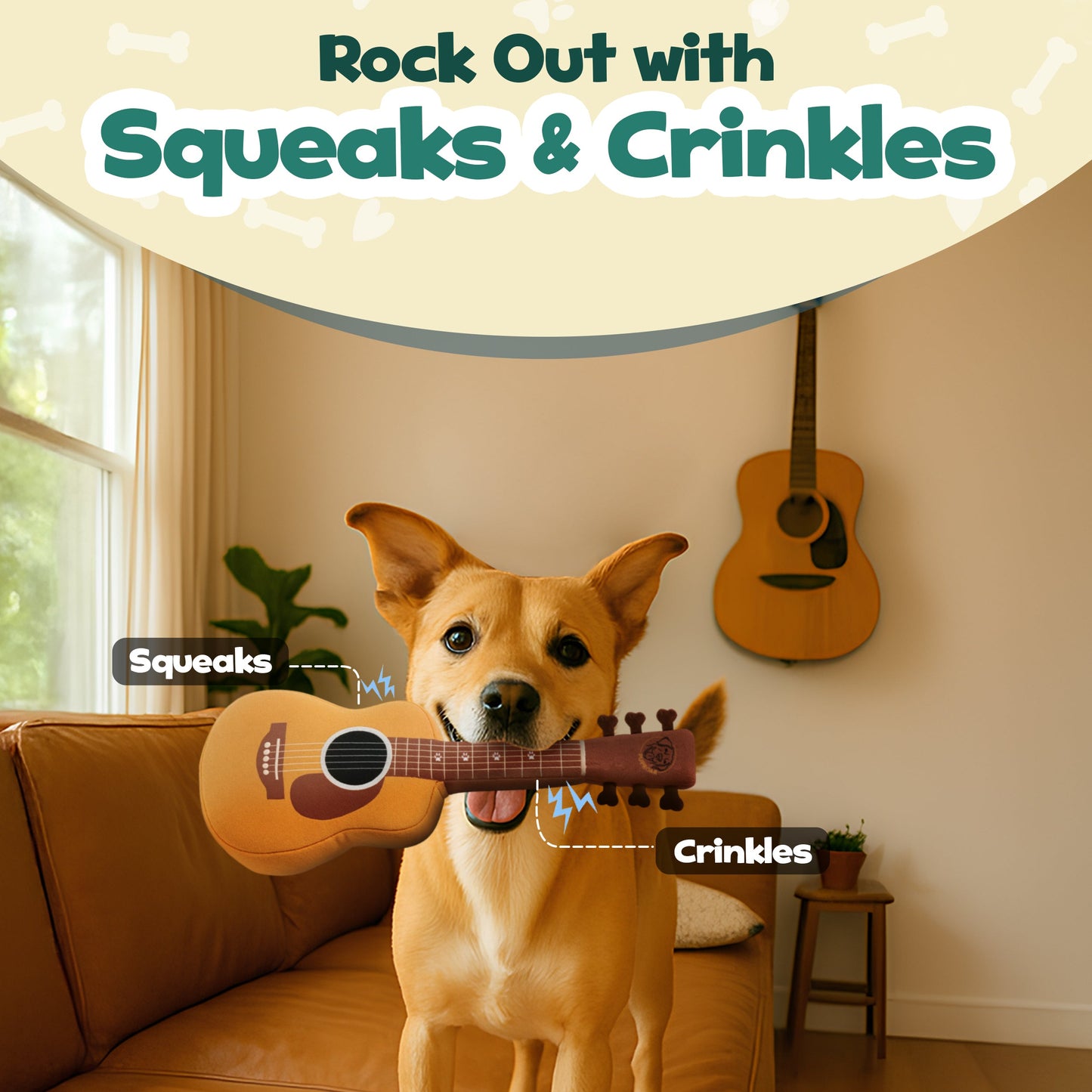 Guitar Squeaky Dog Toy – Plush Crinkle Dog Toy for Medium & Large Dogs, Durable Musical Dog Toy for Tug, Fetch & Birthday Gifts