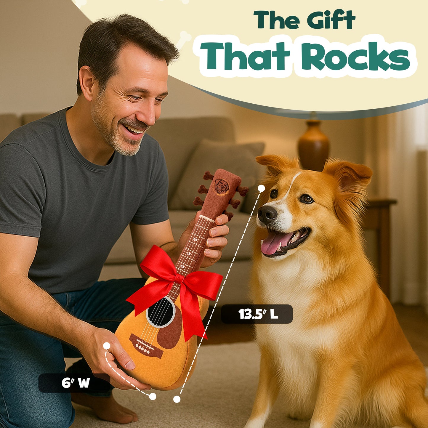 Guitar Squeaky Dog Toy – Plush Crinkle Dog Toy for Medium & Large Dogs, Durable Musical Dog Toy for Tug, Fetch & Birthday Gifts