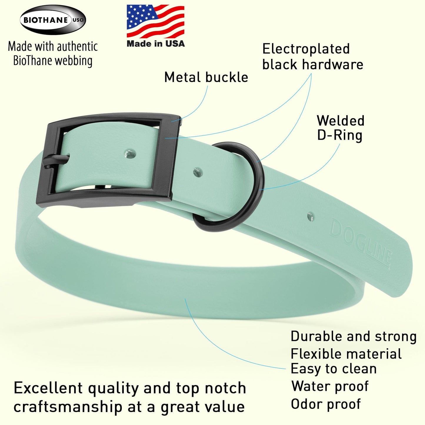 BioThane Waterproof Dog Collar - XS: L 9"-12" x W 1/2" - Black OR Brass Hardware