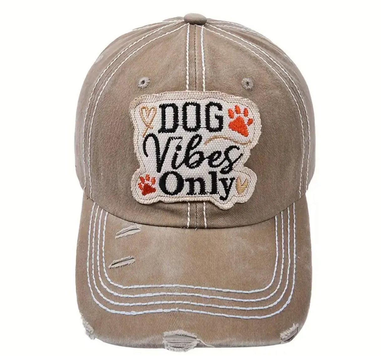 Solid Color Adjustable Baseball Cap DOG VIBES Only Slogan Patch Hat Washed Distressed