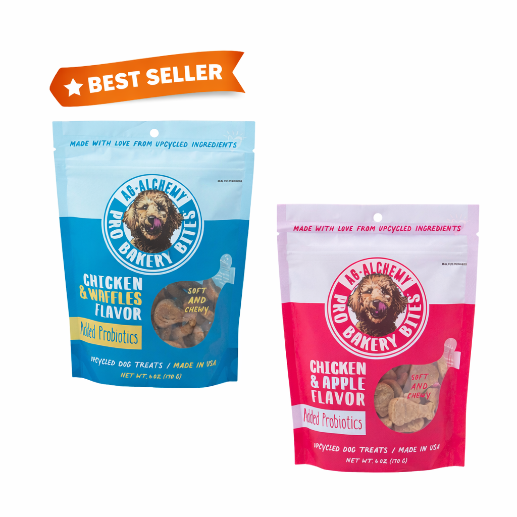 Bark & Beyond dog treat bundle featuring chicken and waffles, and chicken and apple treats, shown in colorful packaging.