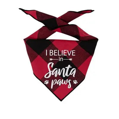 Christmas Bandana - Red Plaid Flannel Dog Bandana - I BELIEVE IN SANTA PAWS Hunter K9