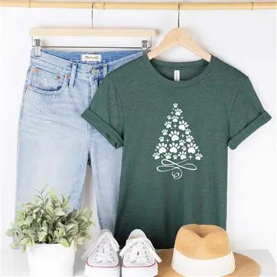 Christmas Tree Dog Paw Holiday T-Shirt Hunter K9