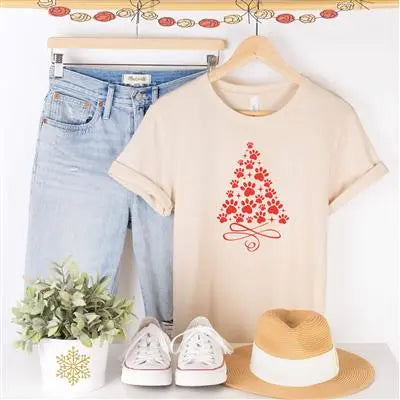 Christmas Tree Dog Paw Holiday T-Shirt Hunter K9