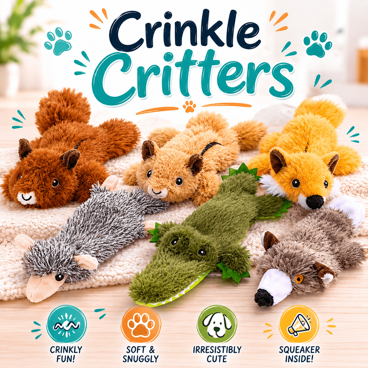 Crinkle Critters Stuffing-Free Dog Toy with Squeaker