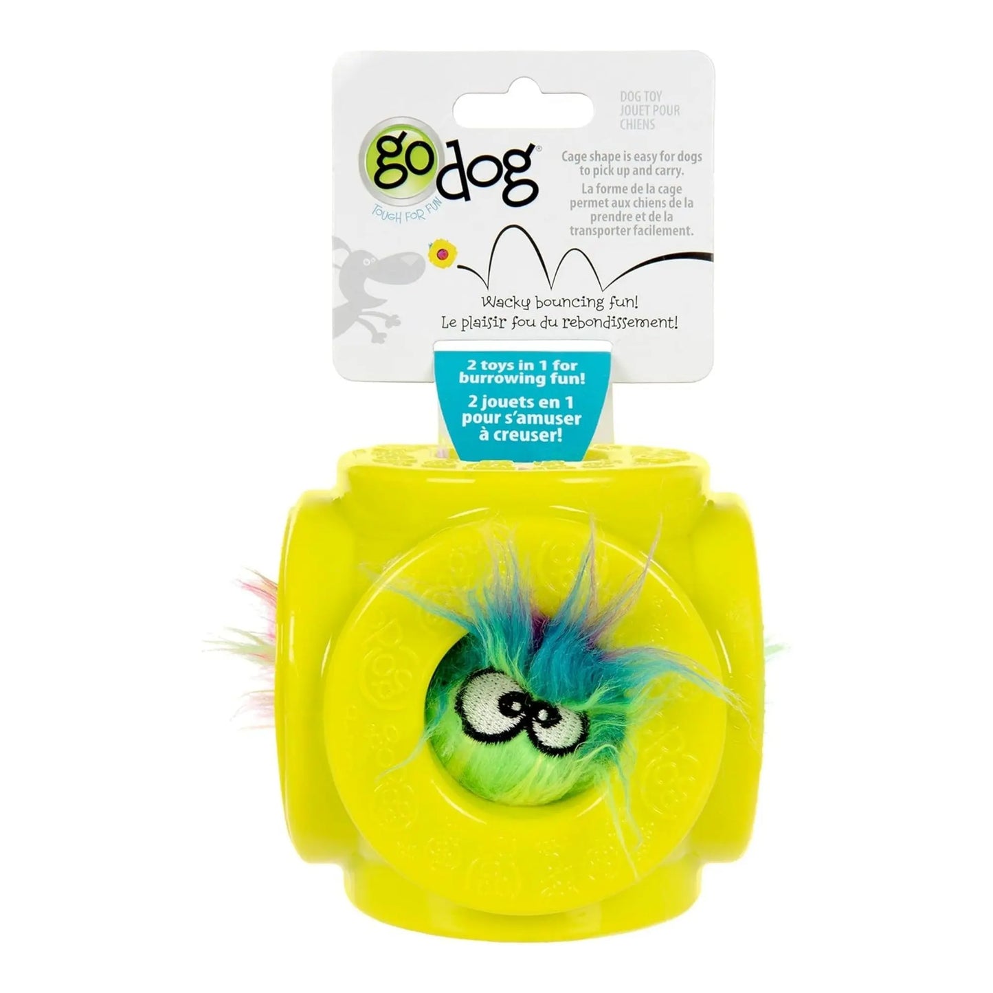 Godog Cage Ball 2-In-1 Burrow Bouncer Dog Toy Lime/Rainbow Medium Go Dog