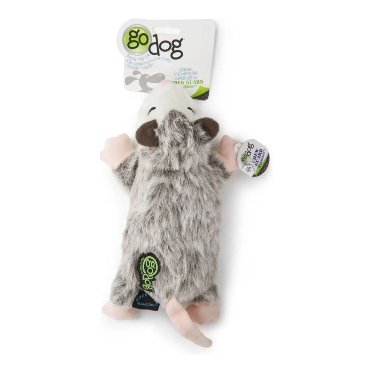 Godog Flatz Opossum Squeaky Plush Flattie Dog Toy Grey Large Go Dog