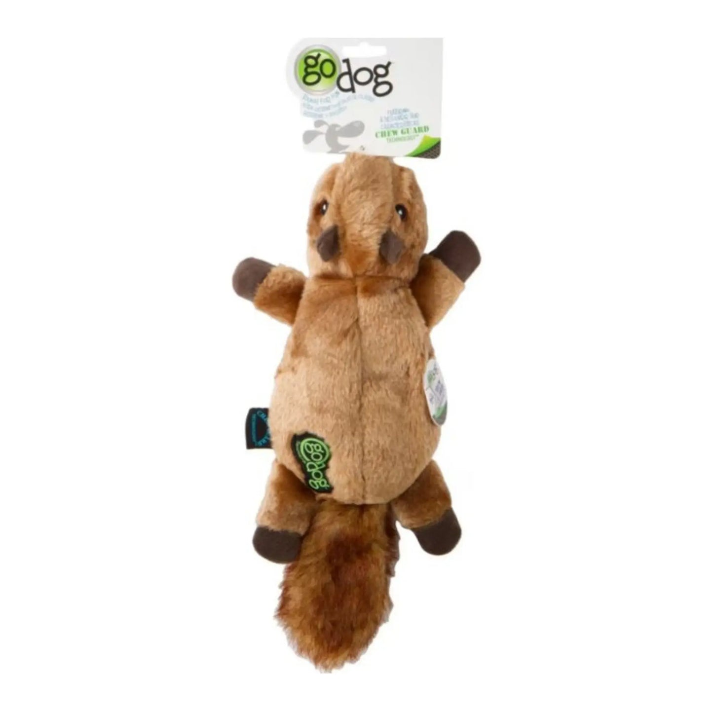 Godog Flatz Squirrel Squeaky Plush Flattie Dog Toy Brown Large Go Dog