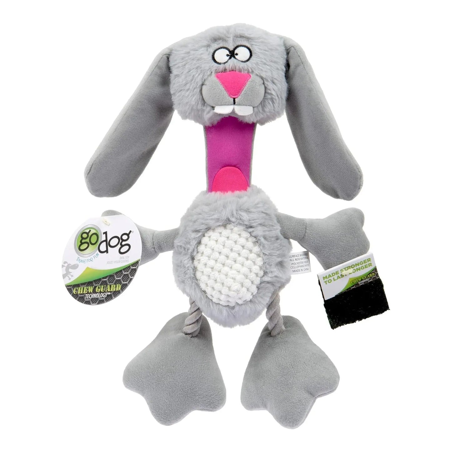 Godog Multi Tugs Rabbit Squeaky Dog Toy Grey Small Go Dog