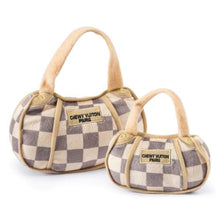 Tan Checker Chewy Vuiton Handbag | Squeaky Plush Dog Toy with Crinkle & Mesh Lining
