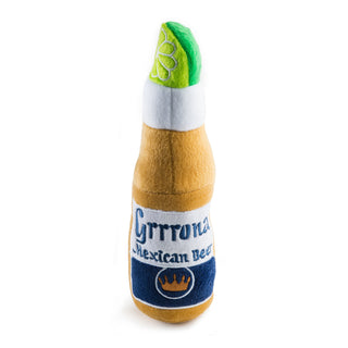 A plush beer bottle shaped dog toy